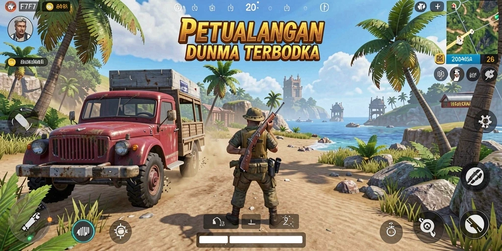 Screenshot utama F7F7 menampilkan pemandangan indah di dunia terbuka.