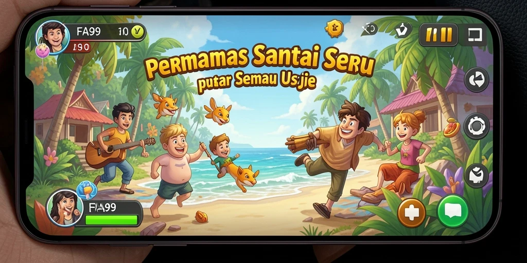 Tampilan gameplay FA99 dengan karakter lucu dan mini game seru.