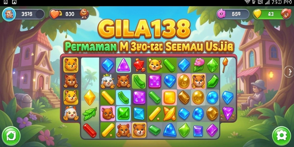 Screenshot gameplay GILA138 menunjukkan kombinasi permata yang berwarna-warni.