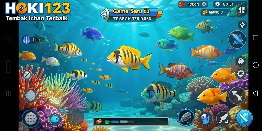 Tampilan gameplay HOKI123 saat menembak ikan di lautan.
