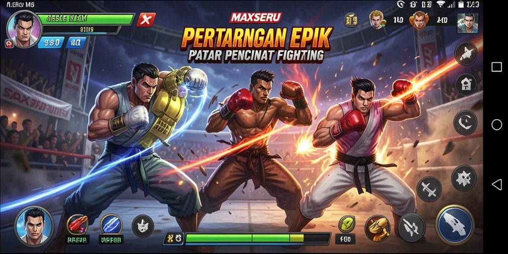 Tampilan pertarungan epik dalam gameplay MAXSERU yang mendebarkan.