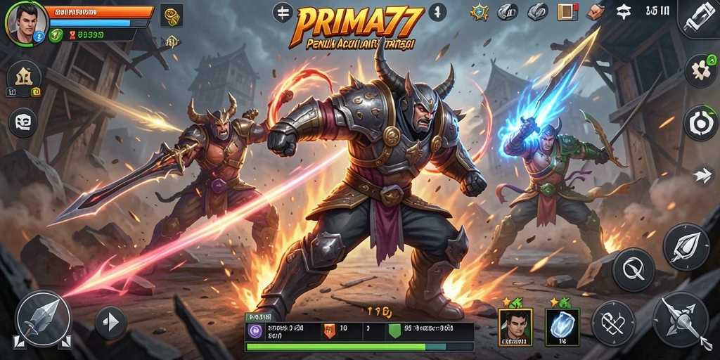 Screenshot utama PRIMA77 menampilkan pertarungan epik dengan karakter unik dan latar belakang menarik.