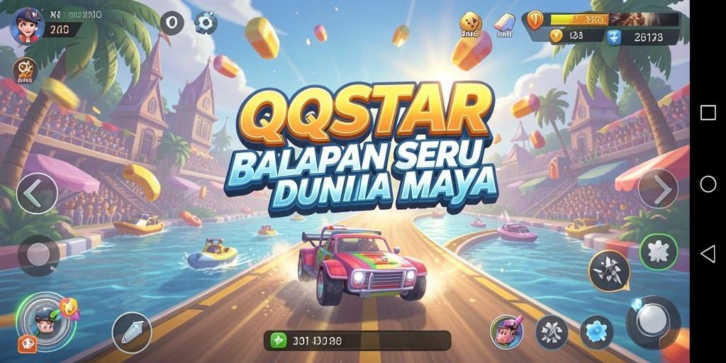 Screenshot utama QQSTAR menampilkan aksi balapan mendebarkan di lintasan.